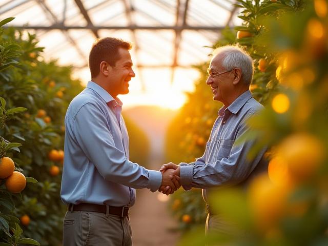 母、父、そして兄の創業者が農園で生産者と語り合う様子