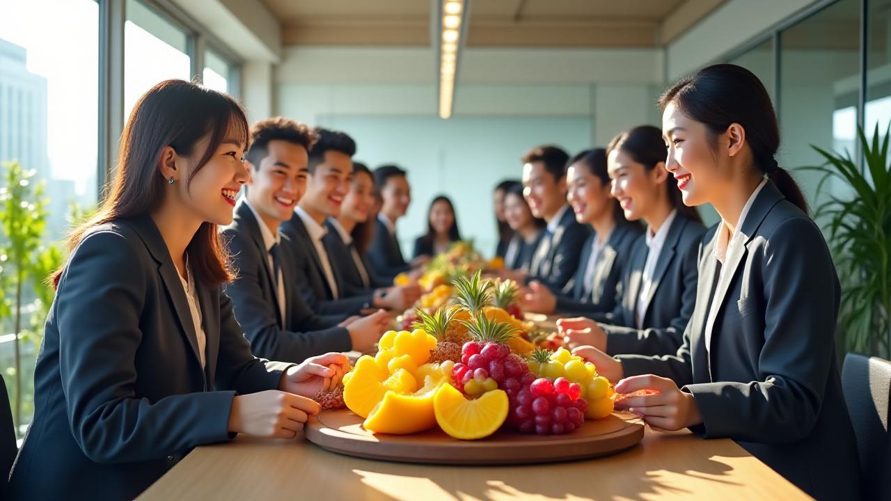 モダンなオフィスで新鮮なフルーツを楽しむ従業員たち