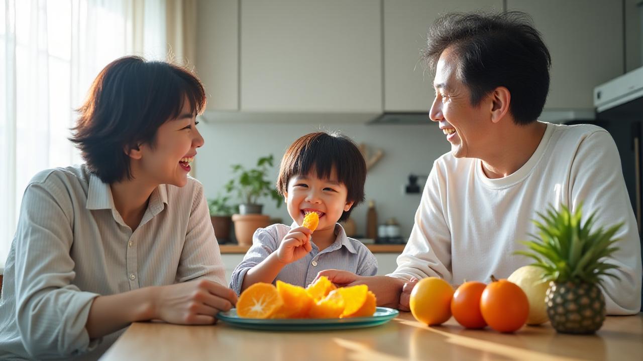 三世代の家族が笑顔で新鮮なカットフルーツを楽しんでいる様子