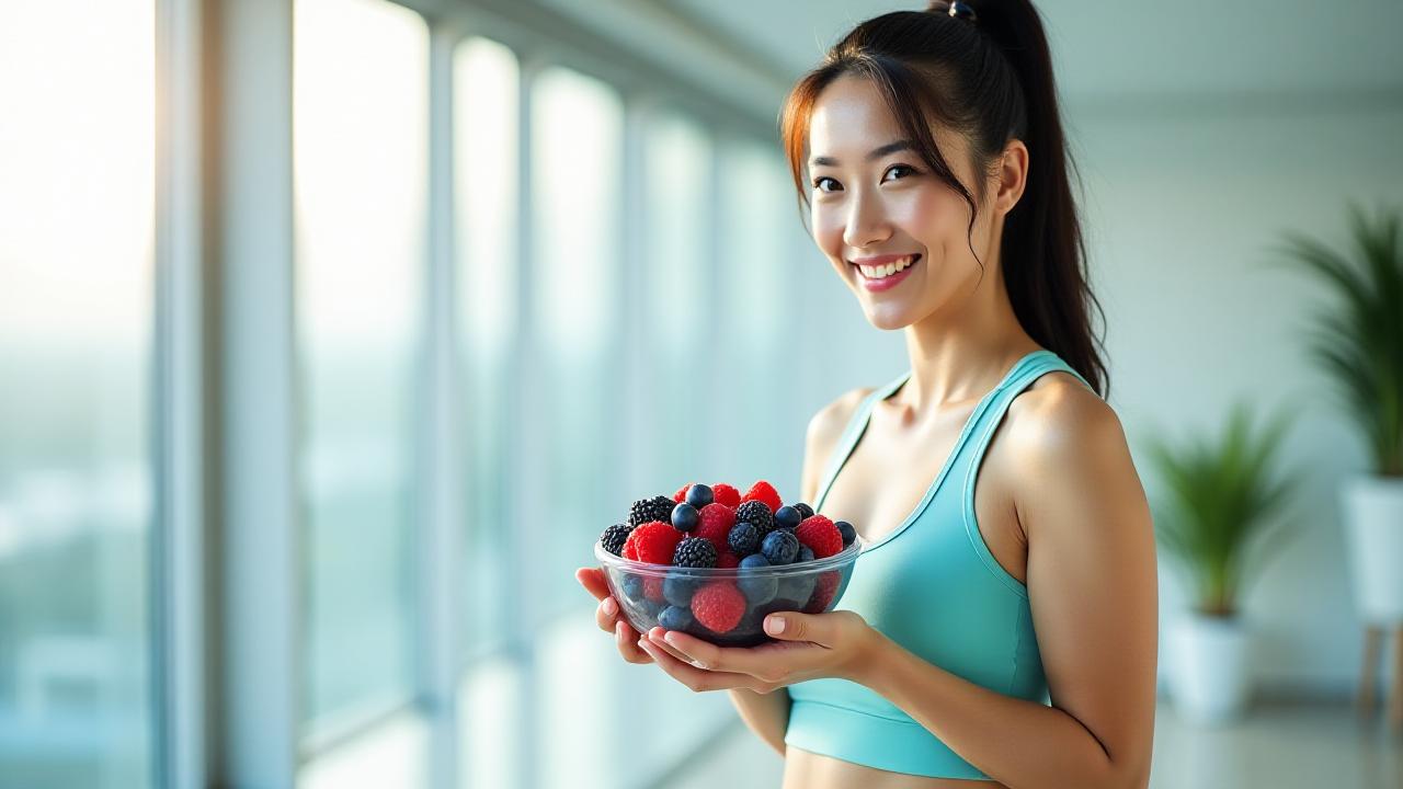 ワークアウト後に新鮮なベリーボウルを楽しむ健康的な女性