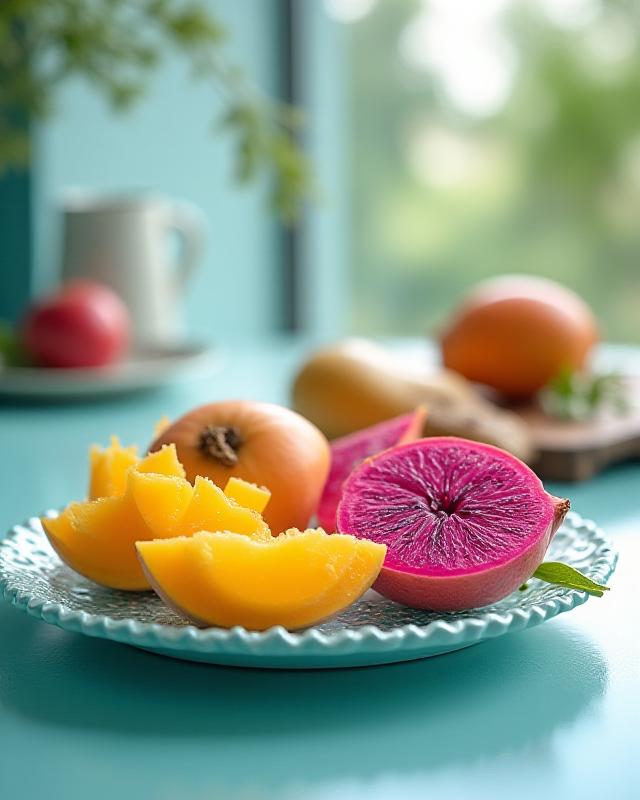 スタイリッシュなテーブルに並ぶ新鮮なトロピカルフルーツ